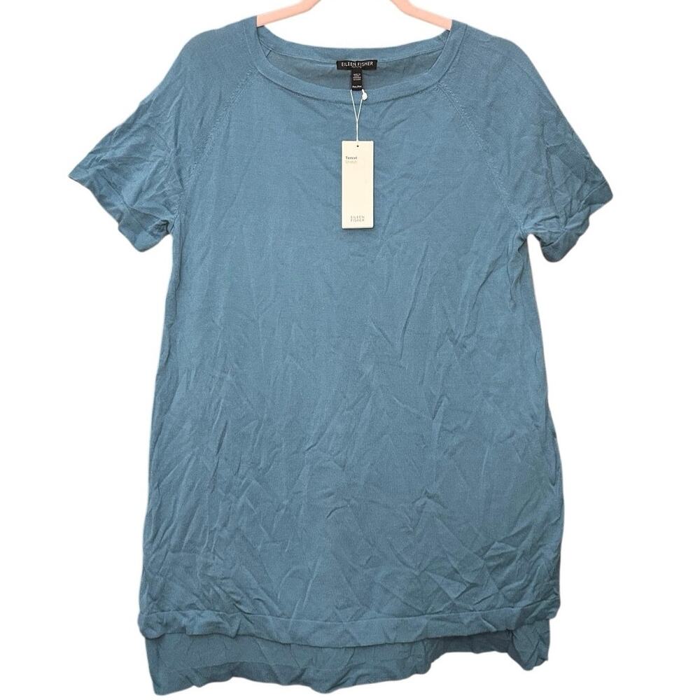 Eileen Fisher Bateau Neck Tunic Shirt Tencel Stretch Too River Blue Medium Petit